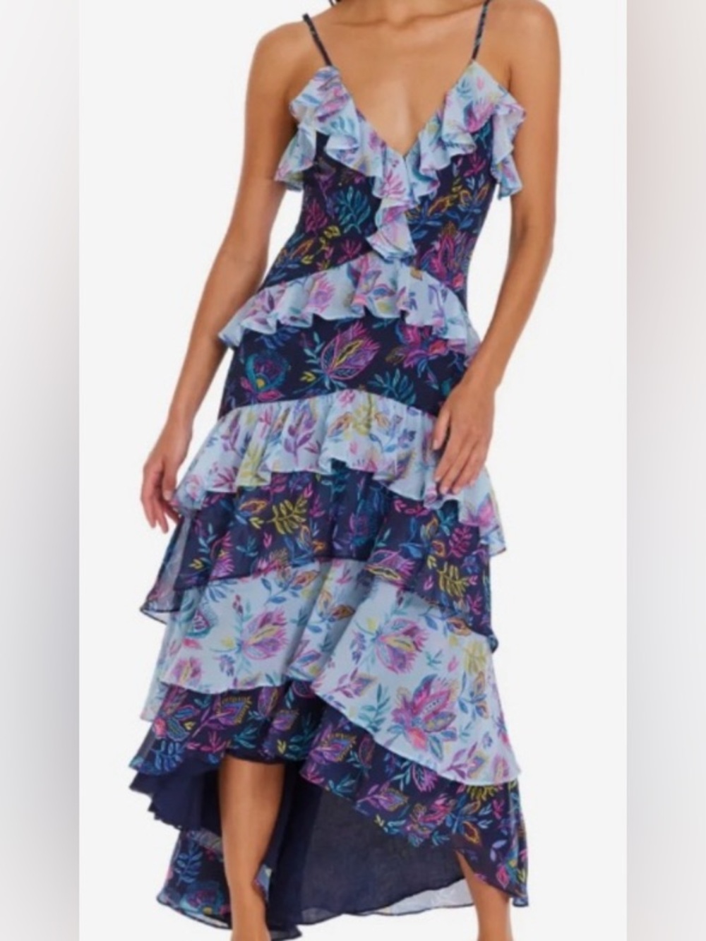 Allison New York Navy & Purple Floral, Ruffled, Tiered Maxi Dress: 6